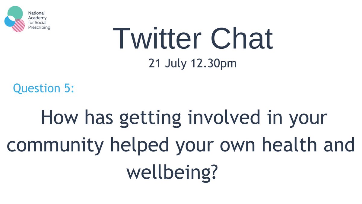 NASPTweets's tweet photo. Time for our final question- what a brilliant conversation so far....
Q5: How has getting involved in your community helped your own health and wellbeing? #PowerOfCommunity #ThrivingCommunities #SocialPrescribing https://t.co/IqOn1aChiE