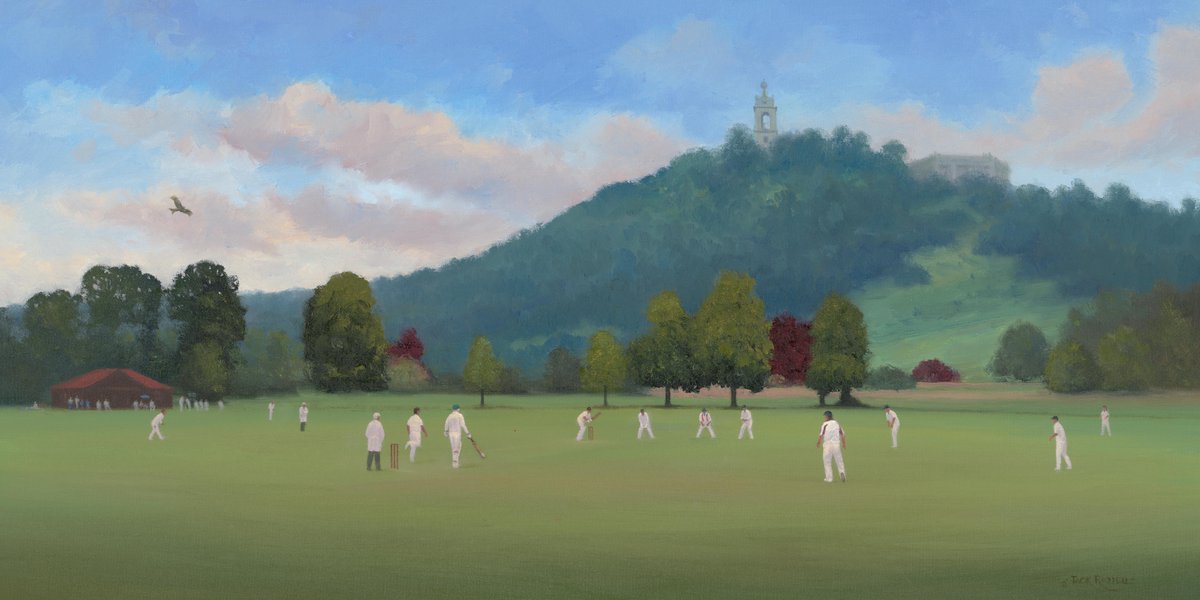 jackrussellart's tweet photo. The finished original painting of the annual match between @shsoclondon XI v @_What_Ho PG Wodehouse Gold Bats XI @westwycombecc including a resident red kite and a fielder in red braces! Unique #cricket backdrop #SherlockHolmes #England #landscape #painting #CricketTwitter https://t.co/7giaPJzHT8