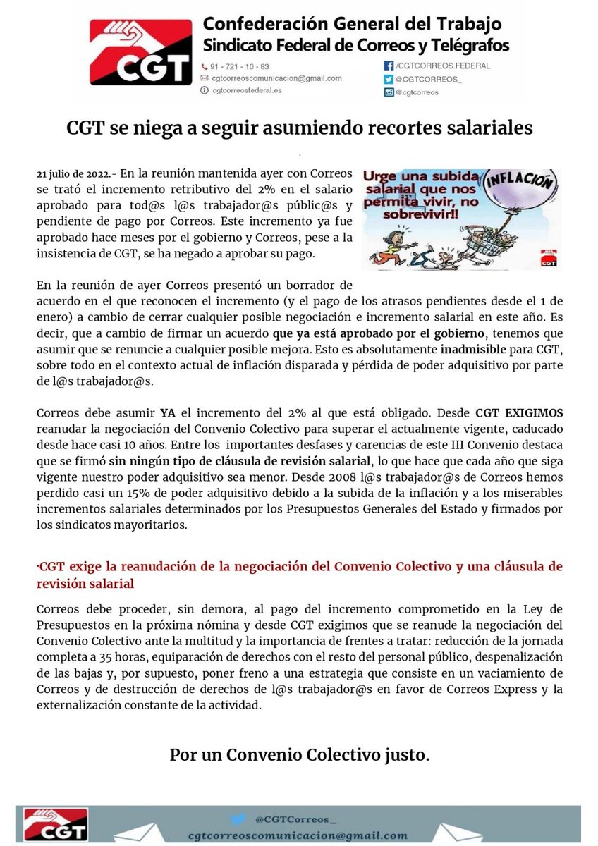 🔴⚫ *#InfoCGTCorreos | ✂️CGT se niega a seguir asumiendo recortes salariales*
