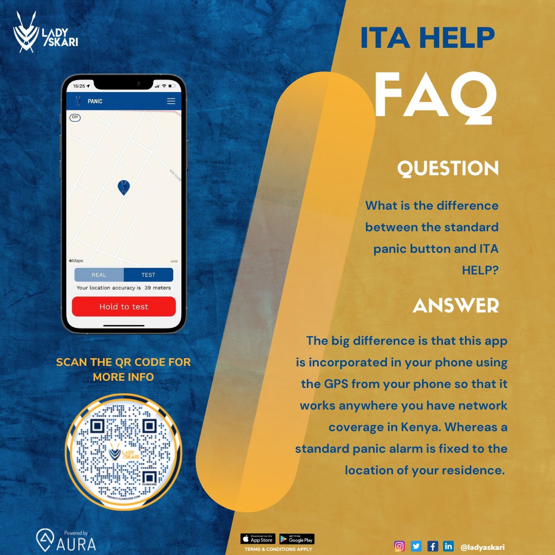 LadyAskari's tweet image. ITA Help is an Emergency mobile response application that is used to call for assistance in case you are in danger or in need of medical help.
 
Here is one of the frequently asked questions:

What is the difference between the standard panic button and ITA HELP?
 
#ITAHELP