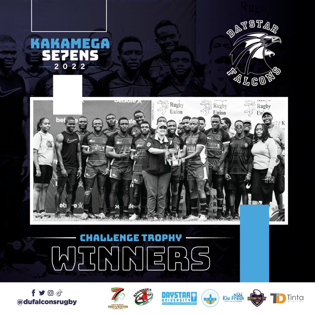 DUFalconsRugby's tweet photo. #Kakamega7s Challenge Trophy Winners
#PoweredByDaystarUniversity
#BeyondTheTry
#TintaDigital
#KiuFresh
#RadiantHospitals
#TakeMatters
#Tbt https://t.co/yGi8ui9bDn