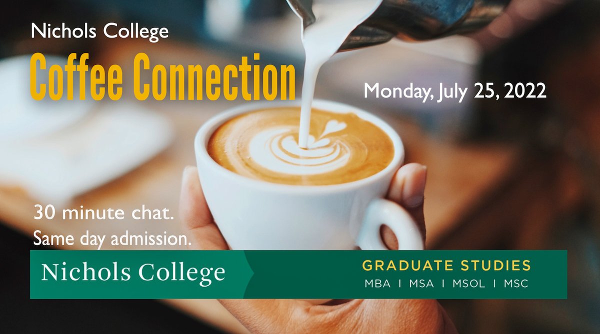 nichols_grad's tweet photo. Grab your future by the horns! Swing by our Coffee Connections and get answers to your burning questions about grad school β π
Sign up here: https://t.co/LvLwHgHpSW
#NicholsCollege #CoffeeConnection #VirtualInfo #BisonPride https://t.co/61lzPvn8u8