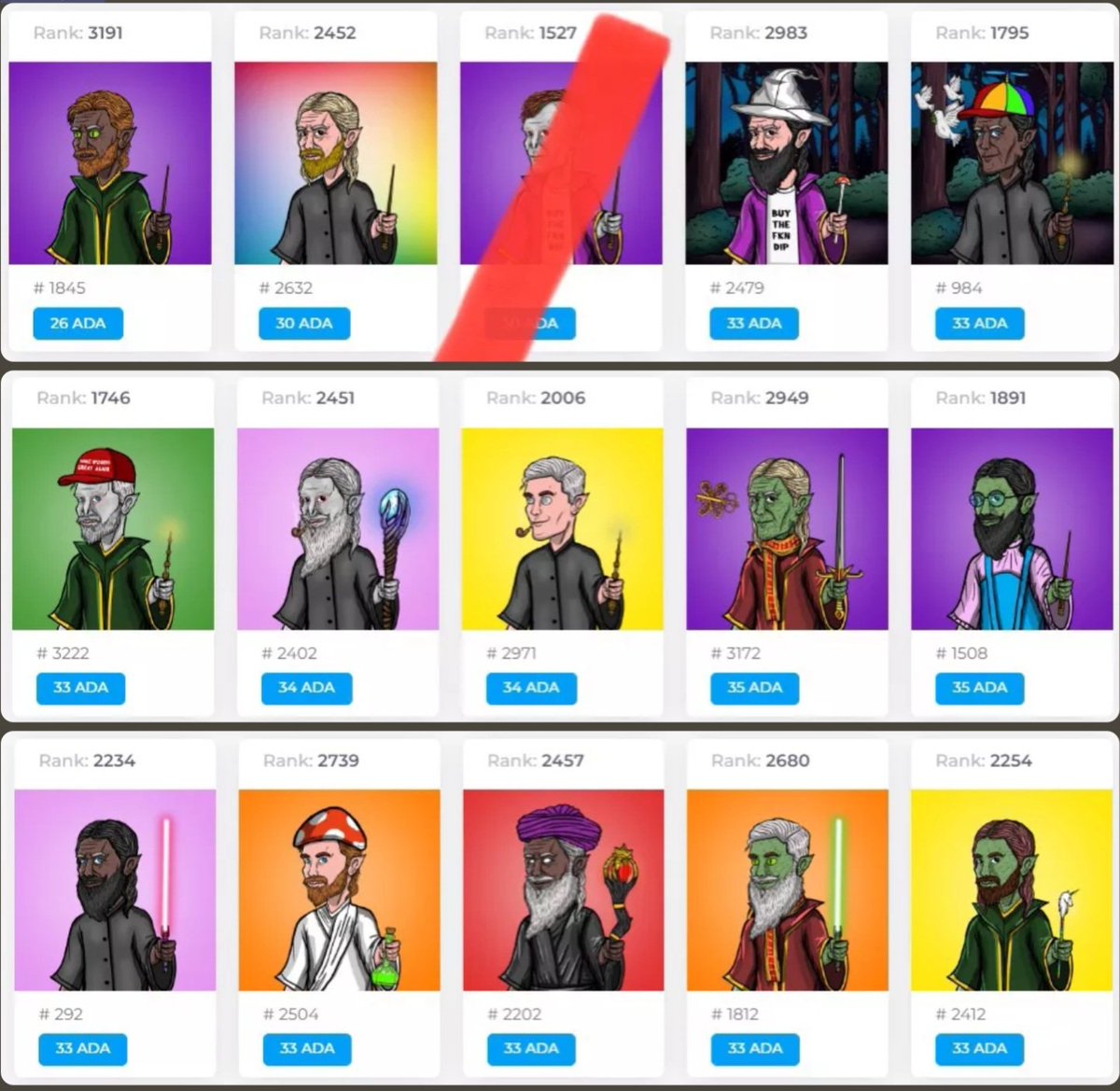 MagicverseNFT's tweet photo. 👀1 Wizard in every line has been touched with some extra magic 🪄
Purchase the correct wizard in each row across and win a FREE wizard.  Not sure which one to guess? Buy each one in a row and guarantee yourself a prize! 🎁
Join discord 👇
https://t.co/lDu4dcLSZ0
#nft #nfts https://t.co/p6QmlH1Cq3