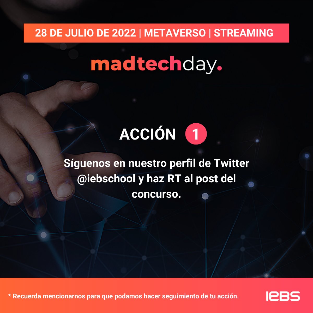 iebschool's tweet photo. Acción 1 🚨 SORTEO 🚨 #Madtech22 tendrá cobertura en Twitter en directo. Síguenos en nuestro perfil de Twitter de @iebschool y haz RT al post del sorteo. PARTICIPA ahora en #SorteoIEBS y consigue un premio que dará un vuelco a tu formación 👉 https://t.co/Qx61E6jLPI https://t.co/hjRpe2BeXc
