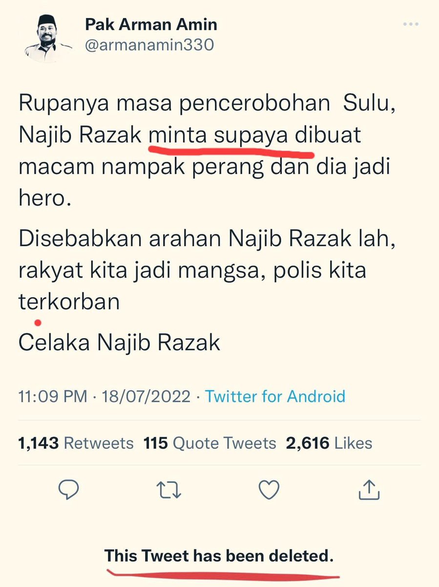 Pertuduhan ini amat bahaya, <a href="/NajibRazak/">Mohd Najib Tun Razak</a> dah boleh mulakan saman. Saya rasa akaun ni fake tapi boleh je kalau nak trace siapa ni