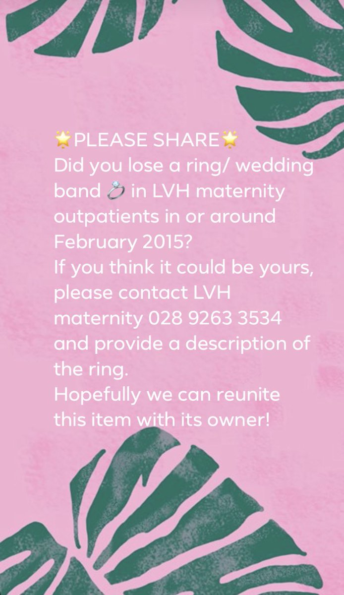 cardwell_jayne's tweet photo. 📣Trying to find the owner of a ring/wedding band found at Lagan Valley Maternity Outpatients Department 💍Found in an envelope dated Feb 2015 during a tidy-up.If you think this could be yours please contact us.Please share widely! @setrust @LisburnStar @lisburnccc @lisburns98fm https://t.co/w4mKtvX2FM