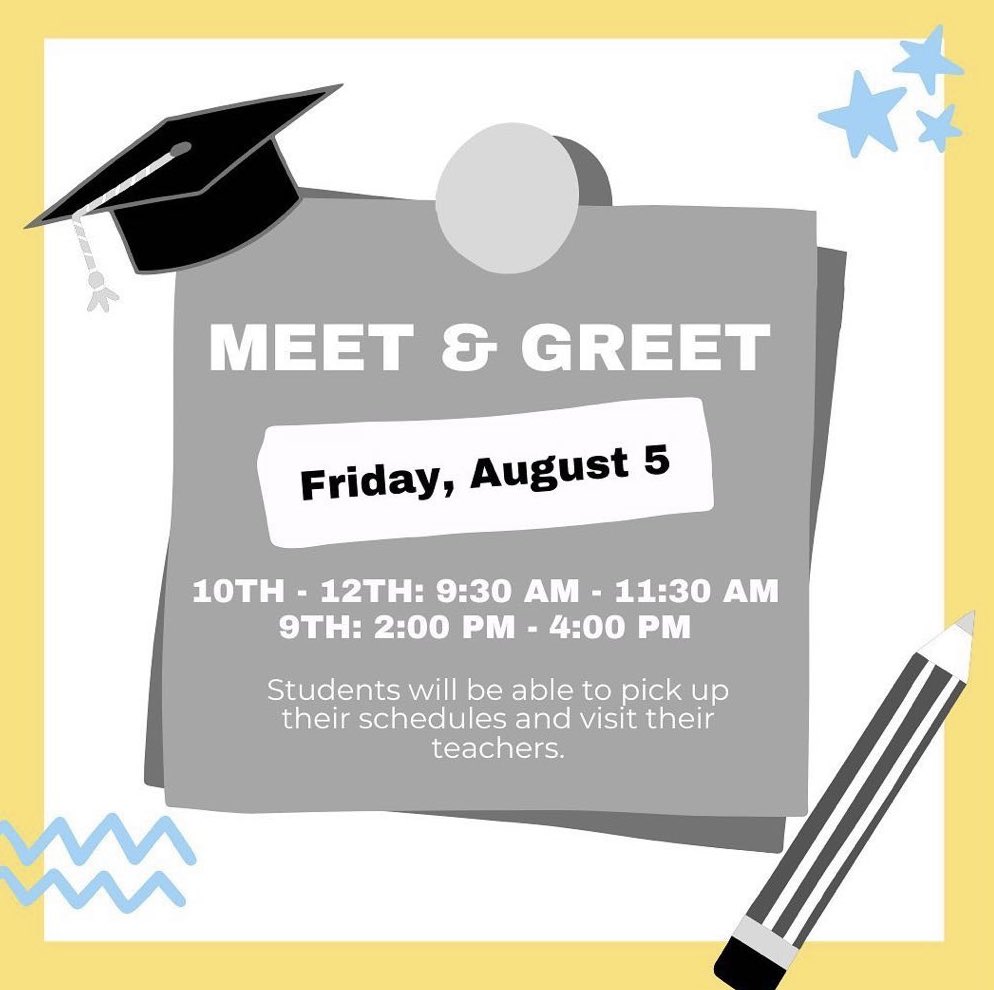 All Knights…
Come get your schedules and meet your teachers.
Friday, August 5. 

⚫️⚔️⚪️
#welcomebacktoschool #2223schoolyear #meettheteachers