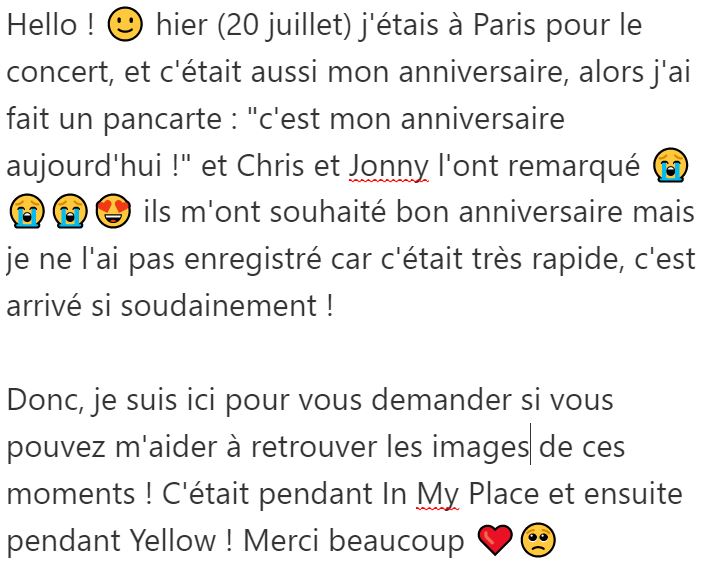 ColdplayCorner's tweet photo. 📢 [MESSAGE DE FAN]
#CPCRSDF #ColdplayParis https://t.co/AjjjtHVUKH