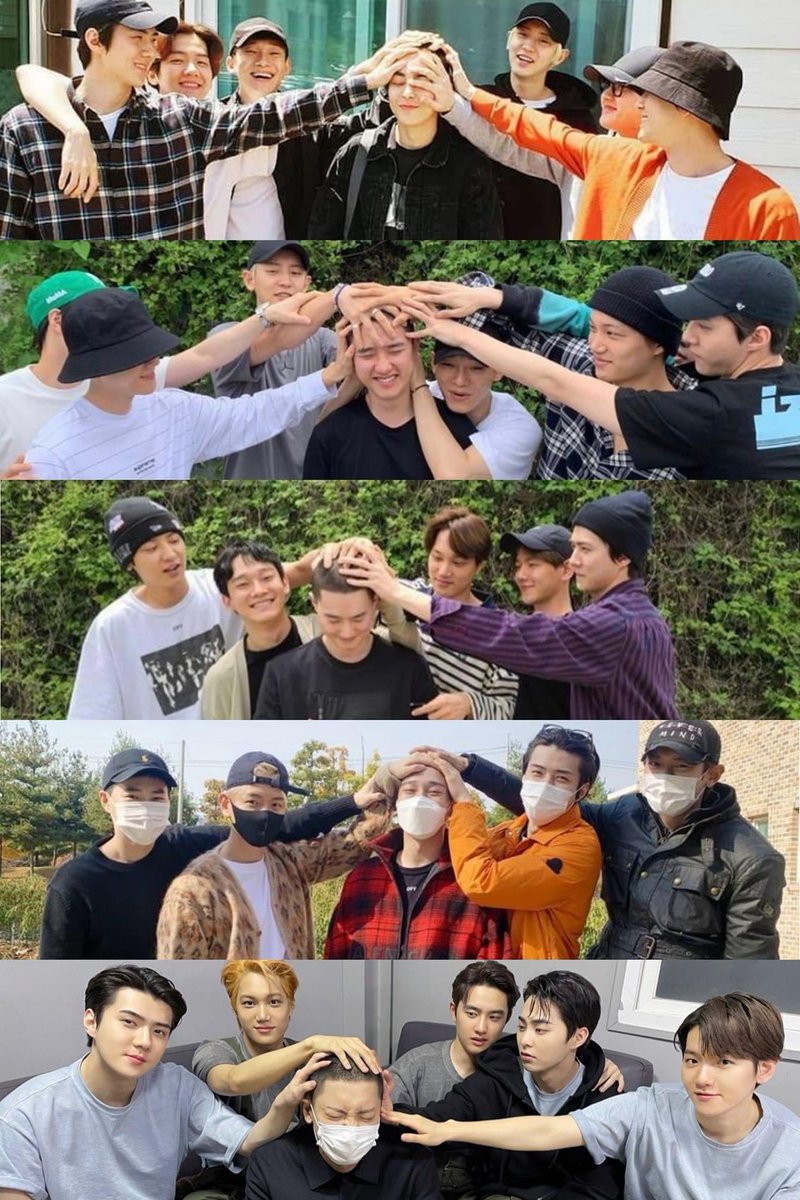 MoonDaisy92's tweet photo. Don’t forget that EXO started this trend too! EXO &amp; their signature bald head-rubbing pose before sending a member off to the military 😍 A lot of Kpop idols did the same 🥰 https://t.co/ff8PAITgne