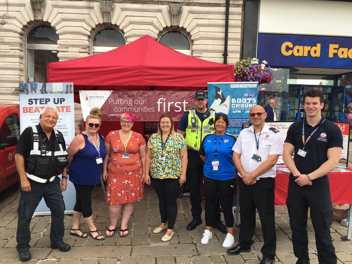 Great partnership working this morning with colleagues from @ChesterfieldBC, @DerbysPolice  and @Derbyshirecc as part of this weeks #ASBAwarenessWeek. We were helped by #RedWatch for parts of the morning discussing fire safety with people passing-by and businesses.