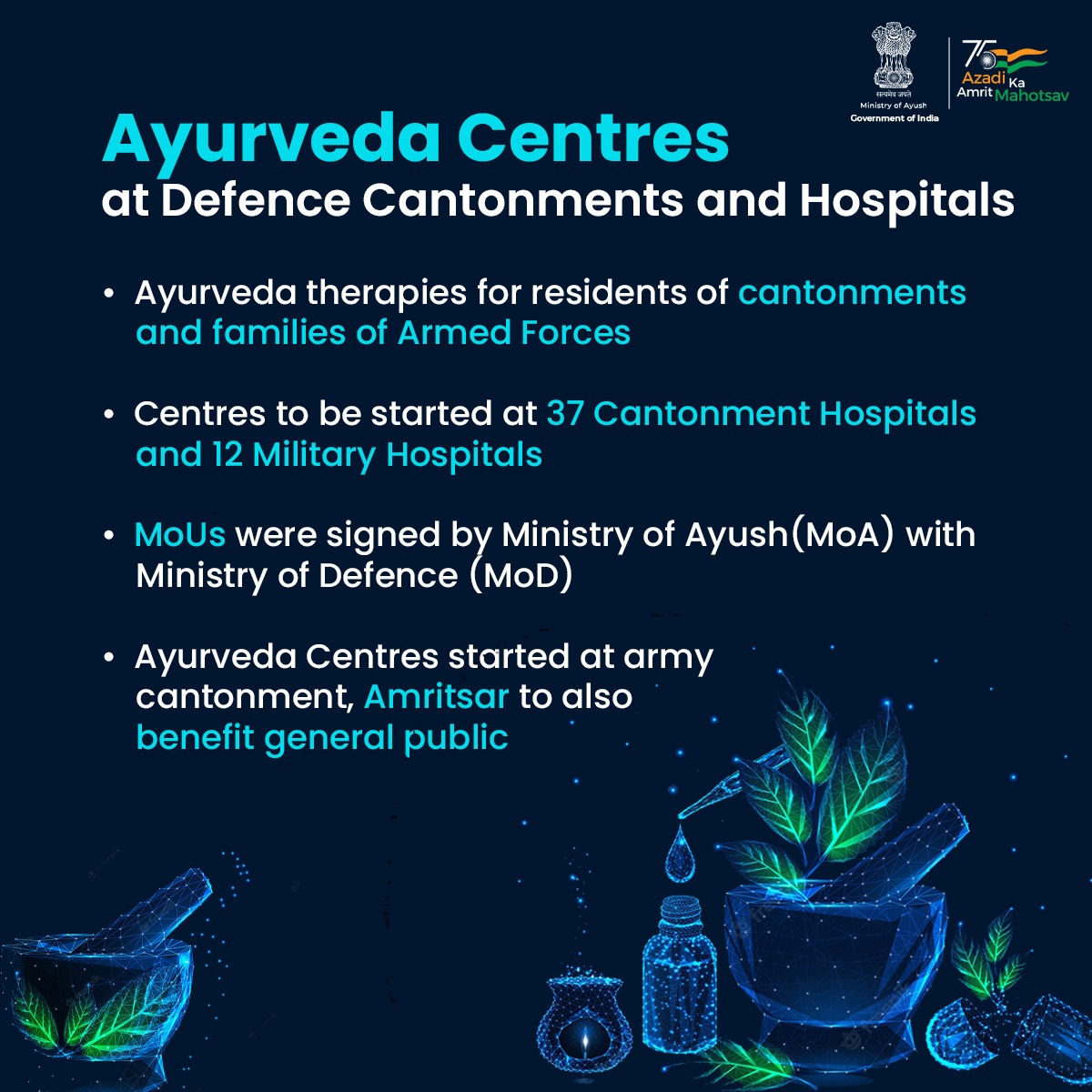 Ministry of Ayush & Ministry of Defence have started implementing MoUs for setting up #Ayurveda Centres. These centres will be established at 37 Cantonment Hospitals & 12 Military Hospitals of Armed Forces Medical Services (AFMS). #Ayush #HealInIndia