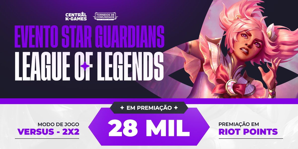 ✨Chama seu duo pra participar do torneio especial de 2x2 das Guardiãs Estelares no League of Legends✨

💰São 28.000 RP em premiação!

📌Link: battlefy.com/central-k-games

#LeagueOfLegends #StarGuardians