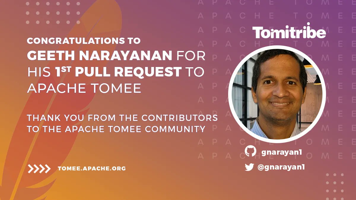 tomitribe's tweet photo. #TomEEcontributors! A big thank you goes out to Geeth Narayanan @gnarayan1 for his 1st pull request to @ApacheTomEE! We are looking forward to seeing more PRs from you. Keep up the great work!!! 

Want to contribute? https://t.co/sUkwpM5dyf 
#opensource #TomEE #ApacheCommunity https://t.co/VTCa6mkWUT