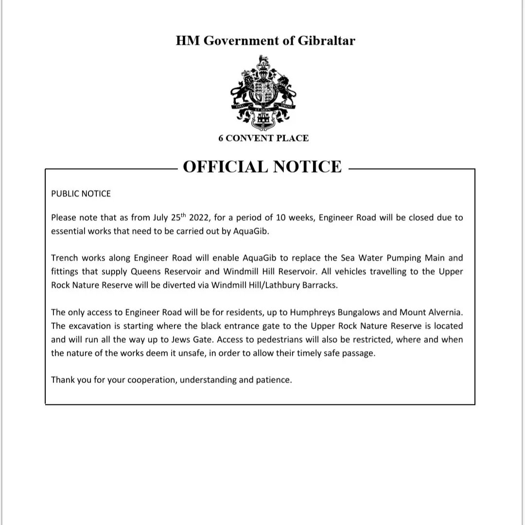GibReserve's tweet photo. **PLEASE TAKE NOTE: CLOSURE OF ENGINEER ROAD AS FROM MONDAY**
#essentialworks @aqua_gib #RoadClosure #upperrocknaturereserve https://t.co/feJUFwgwUp