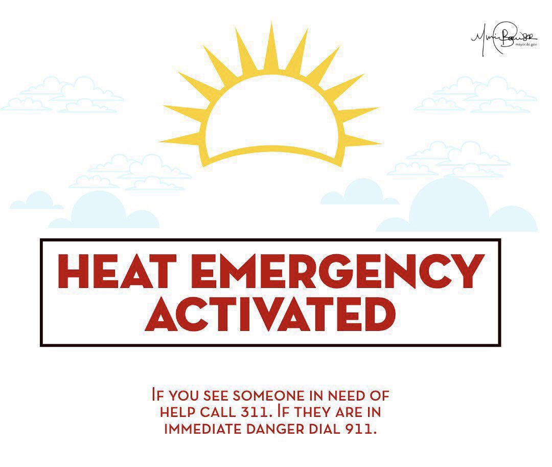 MayorBowser's tweet photo. A Heat Emergency will be activated for the District at 10AM and be in effect until Monday.

Stay hydrated, limit sun exposure, and check on seniors, neighbors &amp; pets. 

Shelters &amp; cooling centers are open. For transportation, call 202-399-7093.

More info: https://t.co/QIXMlZsaKb https://t.co/ry7s6HchFe