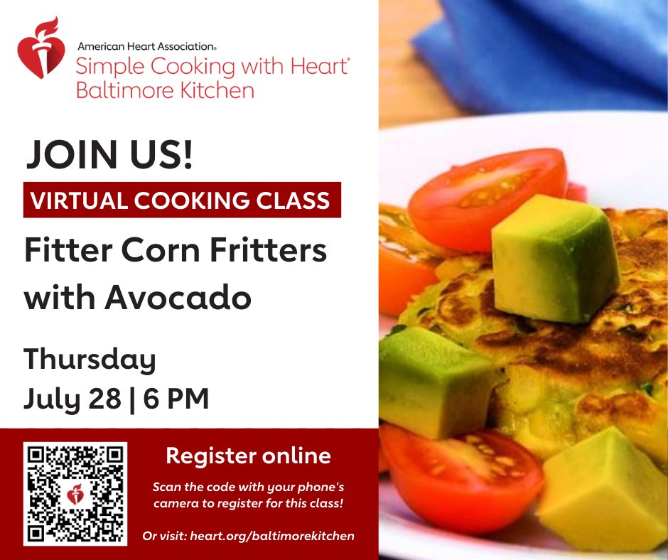 heartmaryland's tweet photo. Guess who's back? Chef Stephanie returns for a virtual #SimpleCookingWithHeart class next Thursday, July 28, with a summertime corn fritter recipe made fitter by using avocado! (And just in time for National Avocado Day on July 31!)

Register: https://t.co/uRfcuw1jin https://t.co/2wbxXYjm96