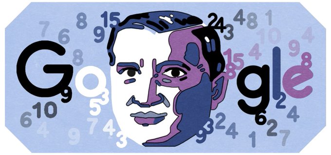 An illustrated portrait of Stefan's face is centered in a composition containing the "Google" letters and various numbers strewn in the backdrop representing his mathematics career. The composition is entirely purple, blue, and white.