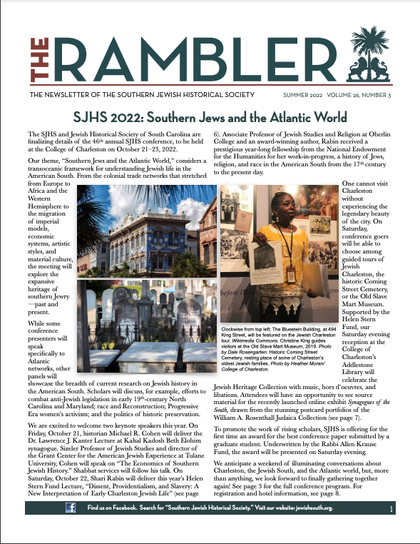 JewishSouth's tweet photo. The latest issue of the Rambler is now live. You can read about the many exciting things happening in the world of southern Jewish history at the following link: https://t.co/CYyLf5WXSt... https://t.co/VNKxvcLgzY