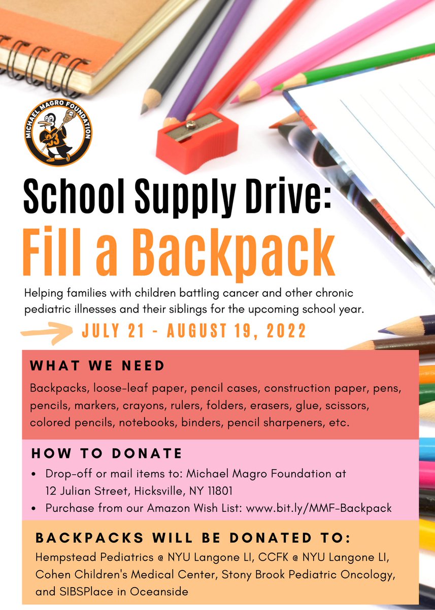 ✏️Help us FILL A BACKPACK✏️ We're helping families with children battling cancer and their siblings for the 2022-2023 school year by supplying them with backpacks and school supplies📄📏📓

You can purchase from our Amazon Wish List, now until August 19th: bit.ly/MMF-Backpack