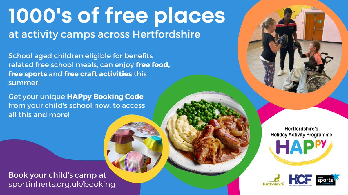 There are still 1000s of places available to book for our HAPpy camps this summer - don't miss out!

Don't have a code? Email haf@herts.ac.uk 

Book using the following link:
sportinherts.org.uk/happy/booking/