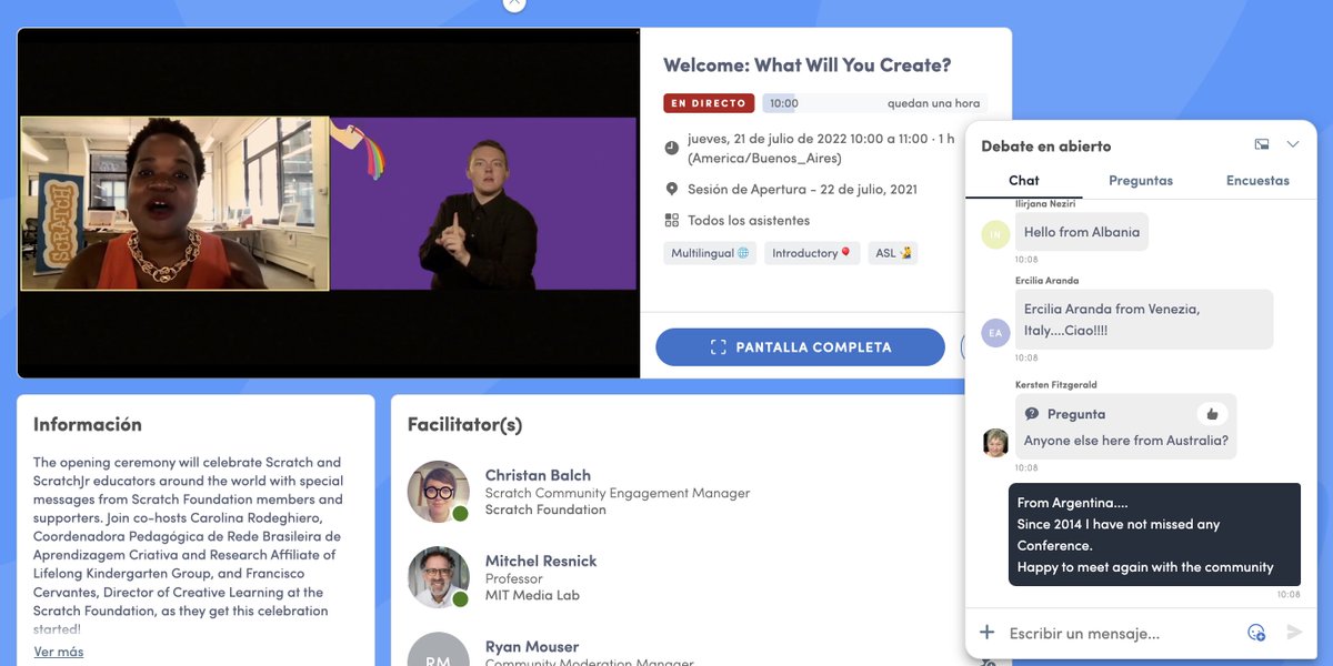 Comenzando #ScratchConference...
Feliz de ser parte de esta comunidad de 
<a href="/Scratch/">Scratch Team</a> <a href="/scratch/">Scratch Team</a> 
Since 2014 I have not missed any Conference.
Happy to meet again with the community 🥰