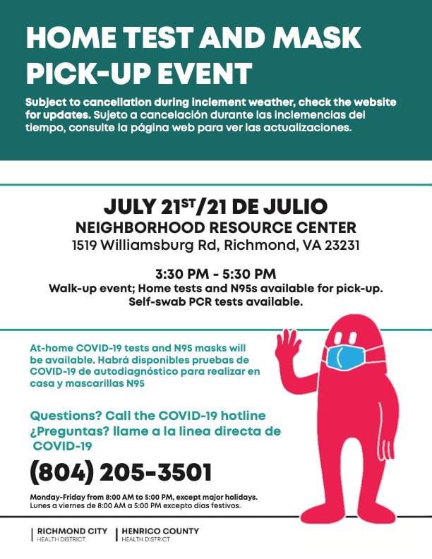 nrcfulton's tweet photo. Home Test and Mask Pick-Up Event at NRC Fulton today, July 21 from 3:30-5:30. Home tests and N95 masks are available to pick-up and self-swab PCR tests are available. We're offering this in partnership with the @RichmondCity_HD. 

#nrcfulton #COVID19 #MaskUp https://t.co/kthI1UP6Xt