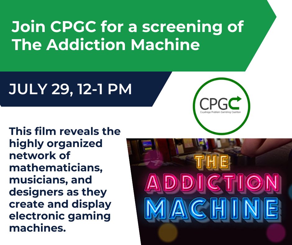 Join Cuyahoga Problem Gambling Coalition on July 29th from 12:00 PM to 1:30 PM for a special virtual screening of The Addiction Machine. This event is free and open to the public. You can register ow.ly/nyHt50JUbq0 and learn more about CPGC at RecRes.org/CPGC.