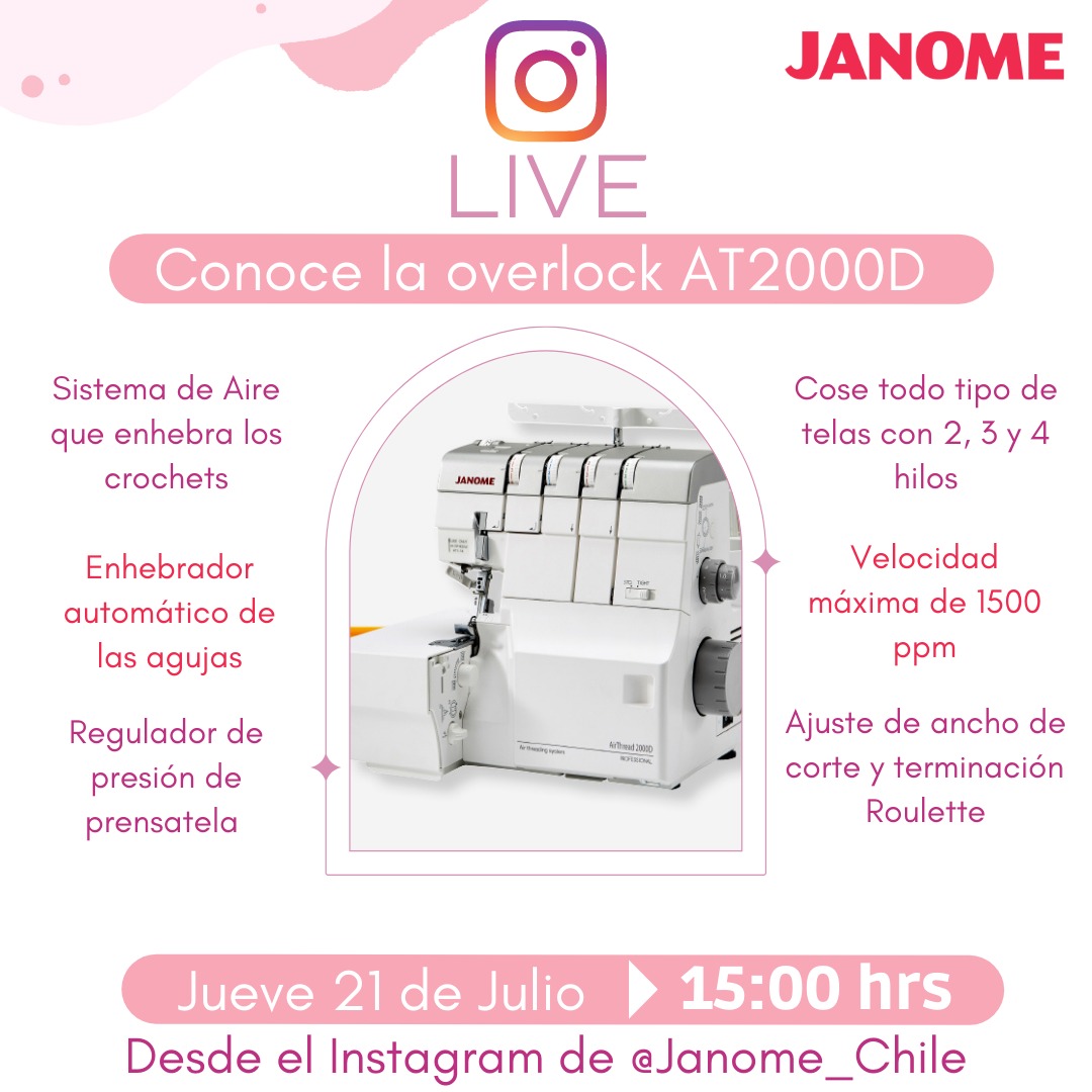 JanomeChile's tweet photo. Es hoy! Es hoy! A las 15hs por nuestro perfil de instagram Janome Chile, vamos a mostrar la overlock que todos soรฑamos alguna vez: Se enhebra sola!
#overlock #fileteadora #remalladora #janomechile #janome #costura #confeccion https://t.co/gsAghsN2KD