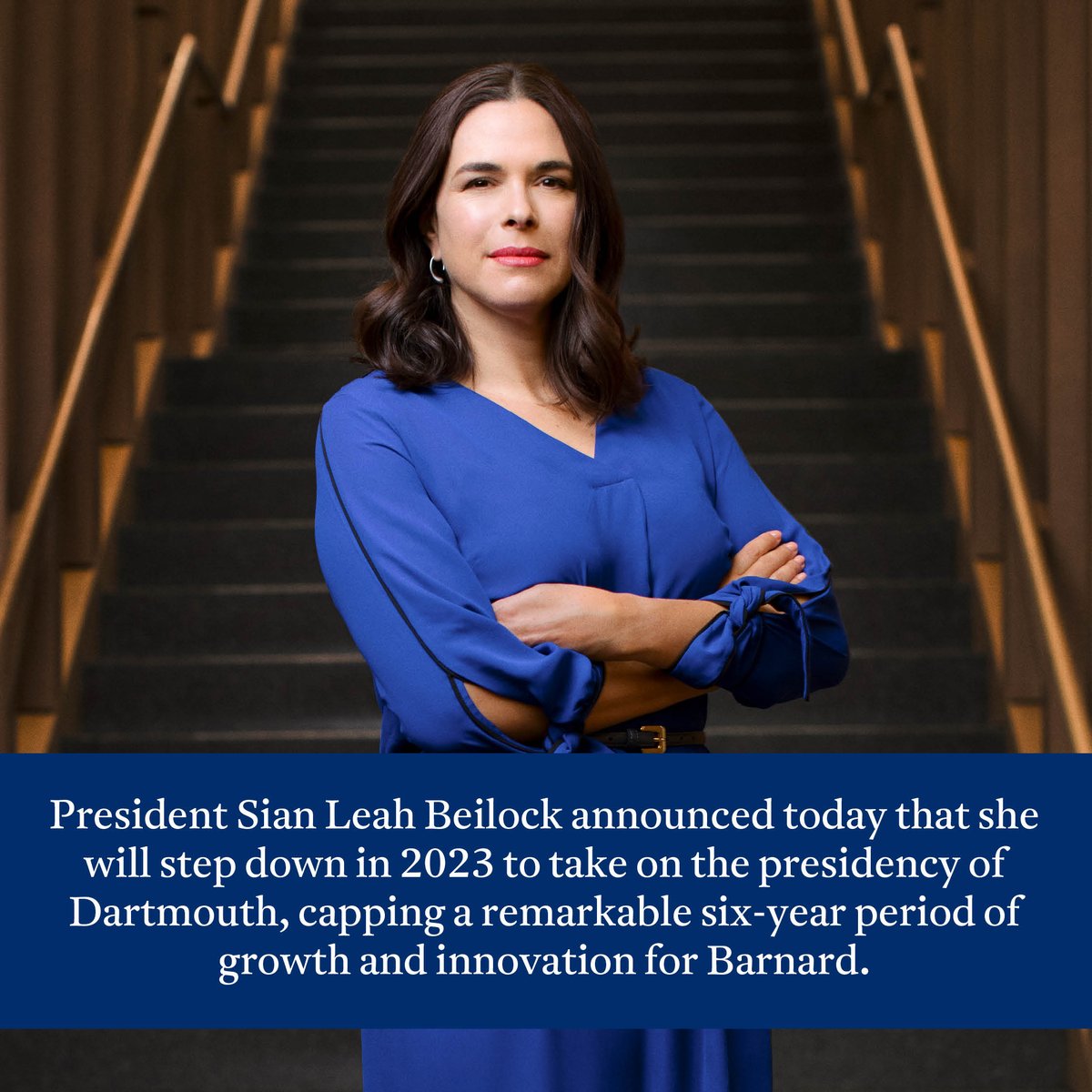 Barnard College (@BarnardCollege) on Twitter photo 2022-07-21 14:24:18 This morning @Dartmouth announced President @sianbeilock as their President-elect, and she will be the first woman elected to the position. She will finish her career with Barnard at the end of the upcoming academic year. Read more here: bit.ly/3v4jQQ5 This morning @Dartmouth announced President @sianbeilock as their President-elect, and she will be the first woman elected to the position. She will finish her career with Barnard at the end of the upcoming academic year. Read more here: bit.ly/3v4jQQ5