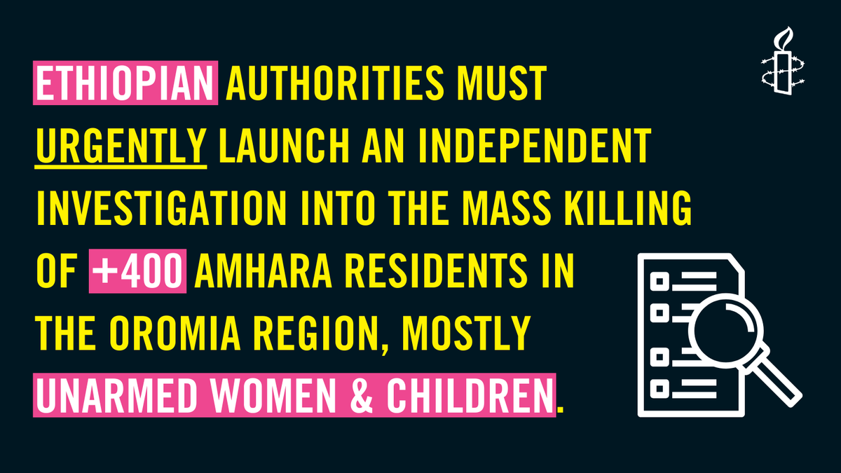 The callous massacre of +400 Amhara residents in Oromia, incl. newborns, shows the perpetrators’ utter disregard for human life, &amp; it must be investigated. 🔍 

Ethiopian Gvt must protect residents from unlawful killings &amp; human rights abuses. 

Read More: amn.st/6019zaaVc