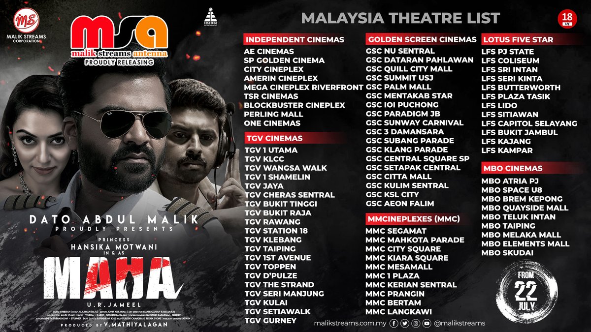 WorldSimbu_Fc's tweet photo. Here is the Malaysia theatre list of #Maha starring #HansikaMotwani, #STR, #Srikanth as lead.
@ihansika @SilambarasanTR_ @Act_Srikanth @malikstreams
#Hansika50th #SilamabarasanTR #Simbhu #MalikStreams #MahaFromTomorrow https://t.co/7qTHE2hyip
