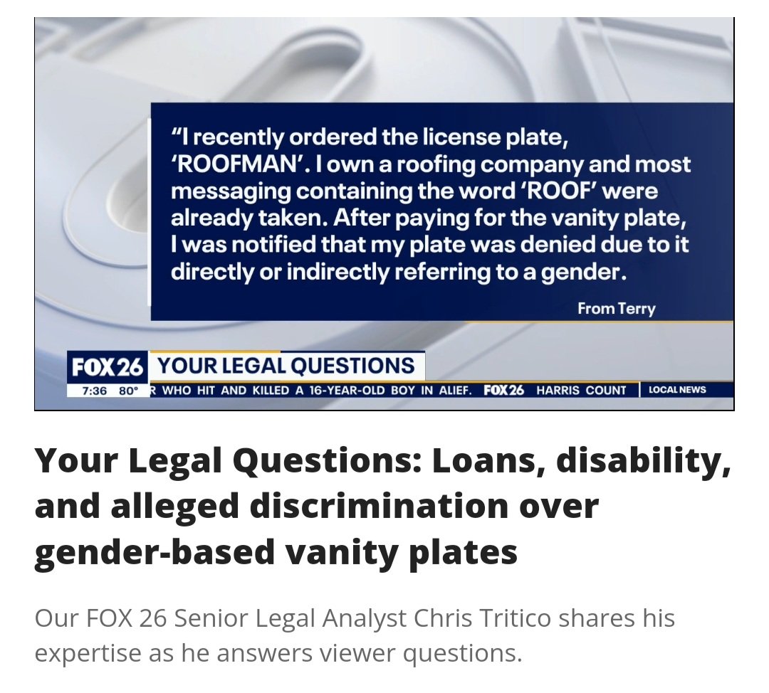 A vanity plate that reads "ROOFMAN" could be viewed as a reference to race, ethnicity  or gender. I loved Chris Tritico's response: enough $ wasn't offered to the TX DMV 🤣 <a href="/JoseGrinanFOX26/">Jose Grinan</a> <a href="/christritico/">Chris Tritico</a> <a href="/FOX26Houston/">FOX26Houston</a>