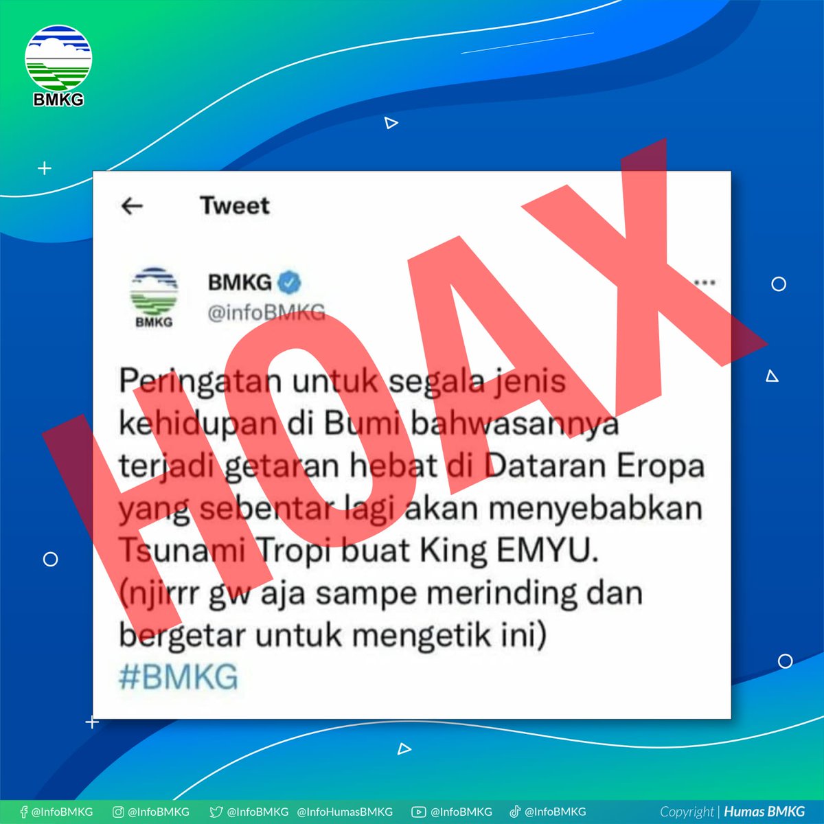 InfoHumasBMKG's tweet photo. ⚠️ WASPADA PEMBERITAAN HOAX MENGATASNAMAKAN BMKG ⚠️ 

Untuk #SobatBMKG diharap teliti kembali dalam menerima informasi ya! Pastikan jika informasi yang didapat bersumber langsung dari kanal resmi BMKG. 

Be wise bersosial media agar tidak merugikan pihak manapun 🙌🏼

#HoaxBMKG https://t.co/SOlNOkniVA