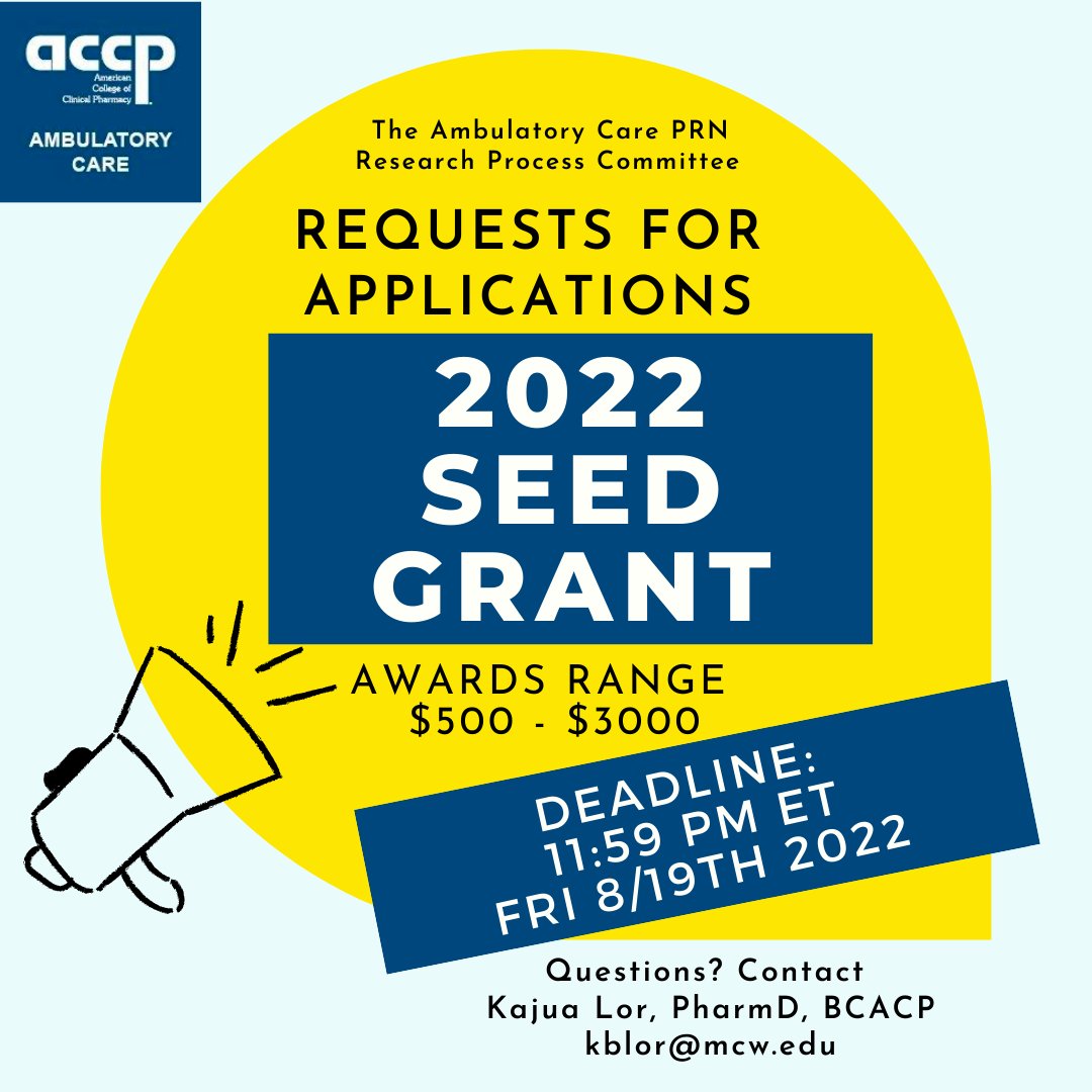 accpambuprn's tweet photo. The Ambulatory Care PRN Research Process Committee is accepting applications for the 2022 Seed Grant Program!

The award is designed for Am Care PRN members who are junior investigators (including new faculty, fellows, and residents). Applications are due by 11:59 PM ET on 8/19. https://t.co/9qUCertIOo