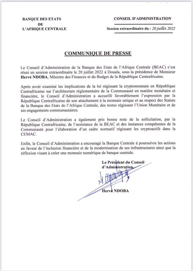 KongoGaetan's tweet photo. Au terme du CA de la Banque des États de l’Afrique Centrale, le Ministre des finances M. #Ndoba a réaffirmé l’attachement de la #RCA à la monnaie unique et au respect des statuts de la #BEAC, des textes régissant l’union monétaire et de ses engagements communautaires https://t.co/8BTQ72NgxF