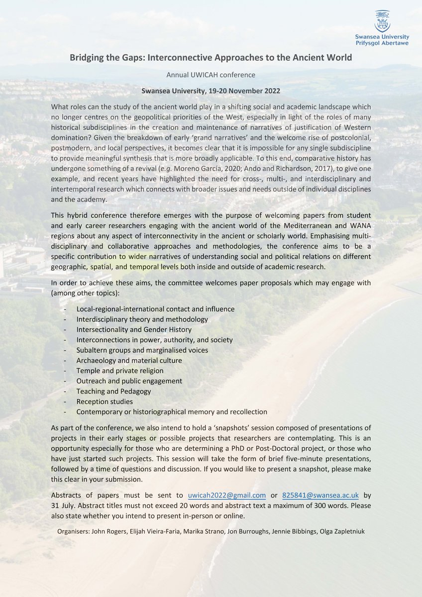 uwicah's tweet photo. Only 10 days left to get your abstract in for the first deadline! 

Bridging the Gaps: Interconnective Approaches to the Ancient World

@SUAncientWorld @LampeterHistory @CUHistArchRel https://t.co/w1qdLw8RUJ