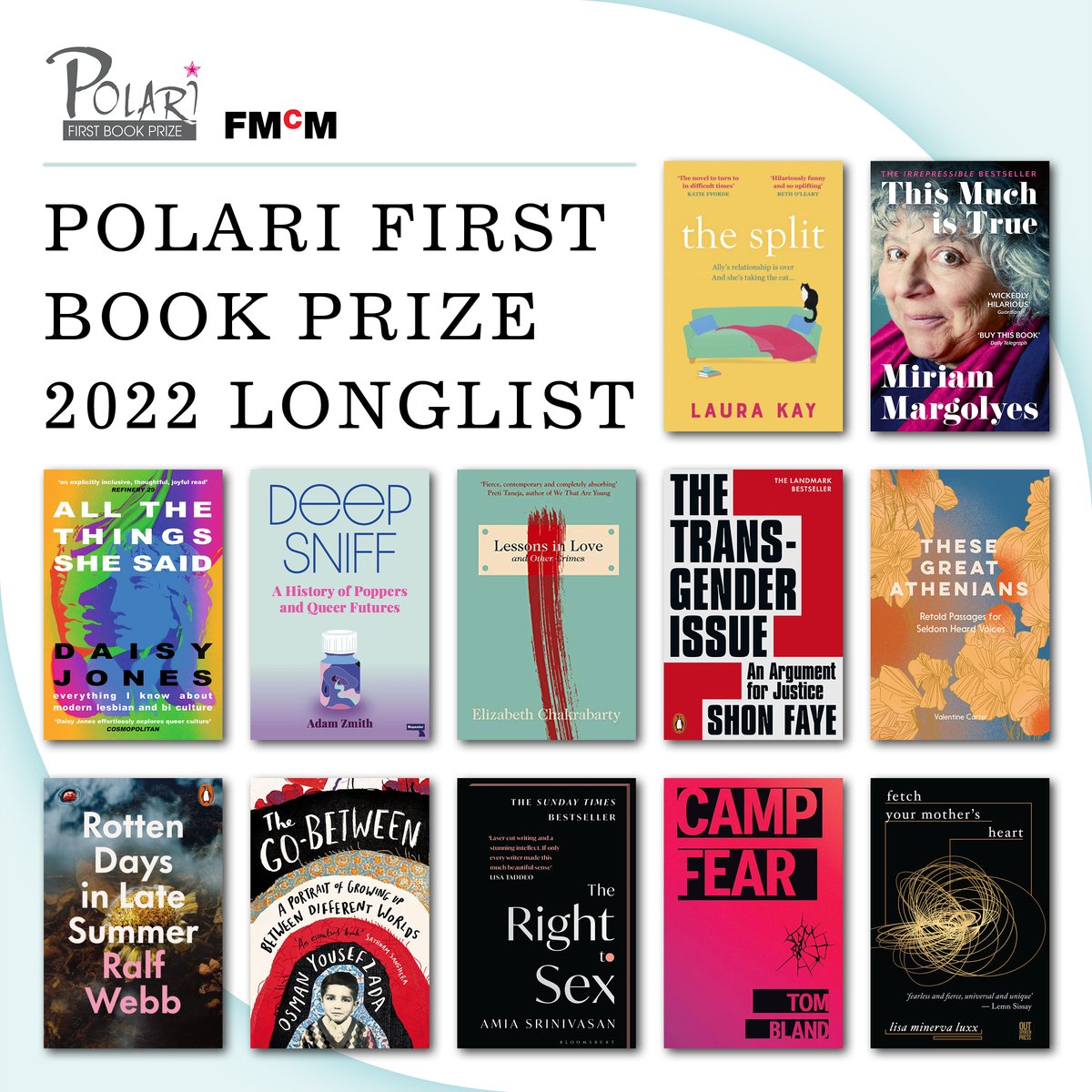Introducing the Polari First Book Prize longlist: The Split - @lauraelizakay (@QuercusBooks) This Much is True - Miriam Margolyes (@johnmurrays) All The Things She Said - @daisythejones (@CoronetBooks) Deep Sniff - @AdamZmith (@RepeaterBooks)