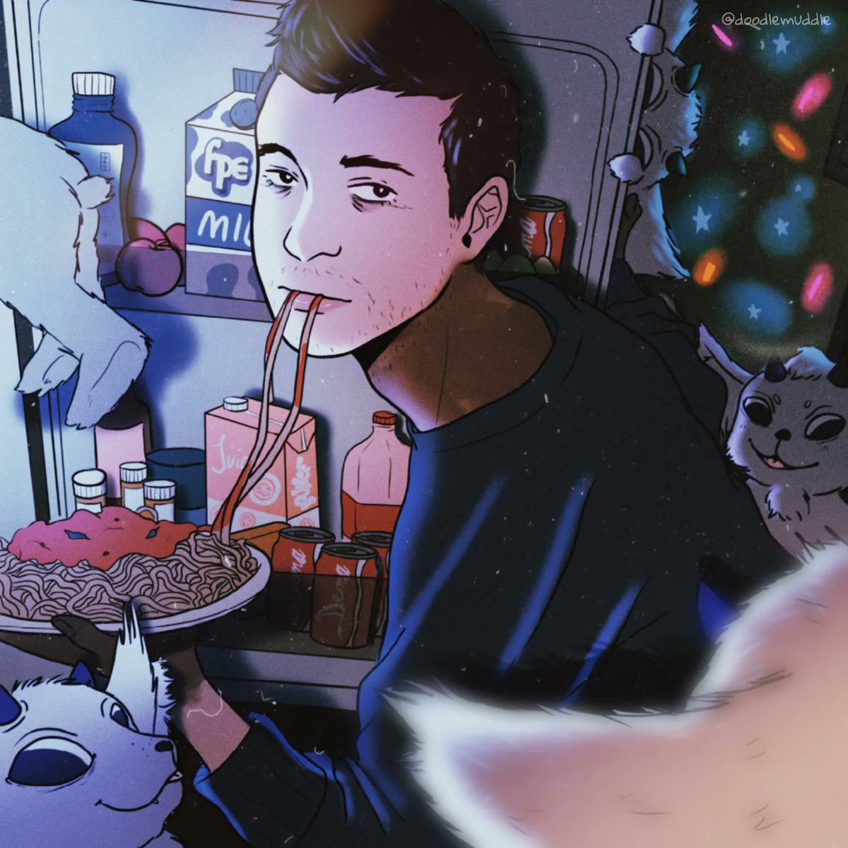 doodlemuddle's tweet photo. Hungry nights with Tyler ft. a lots of Neds in the kitchen 📸🍝

@tylerrjoseph @twentyonepilots #cliqueart #twentyonepilots https://t.co/YNbnSbpBUw