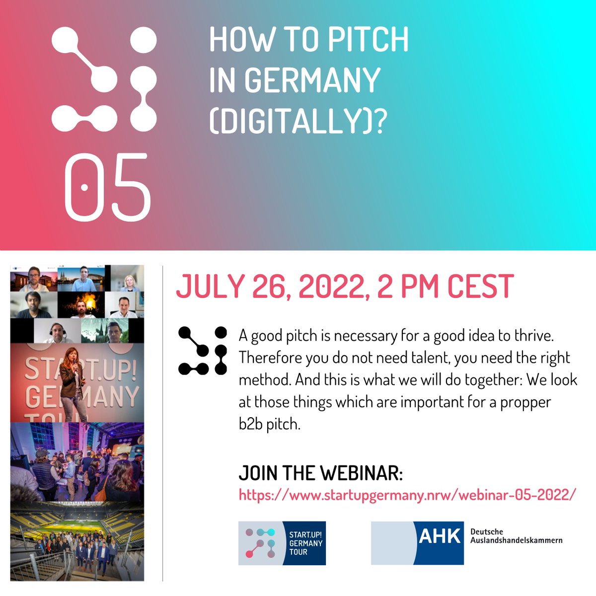 Join our upcoming webinar "How to pitch in Germany (digitally)? on July 26, 2 pm CEST and get valuable insights! Register here: startupgermany.nrw/webinar-05-202…
#startupgermanytour