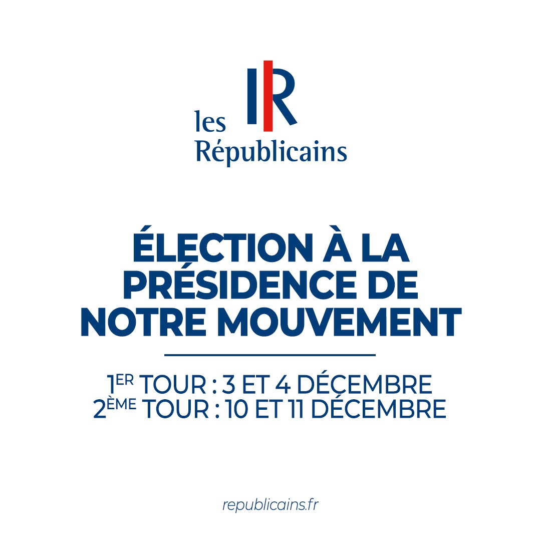 lesRepublicains's tweet photo. L'élection à la présidence de notre mouvement aura lieu les 3 et 4 décembre pour le premier tour et les 10 et 11 décembre pour le second tour.

Afin de pouvoir participer à cette élection, adhérez avant le 3 novembre ➡️ https://t.co/bauFwFeYc4 https://t.co/UvGtedOwEM