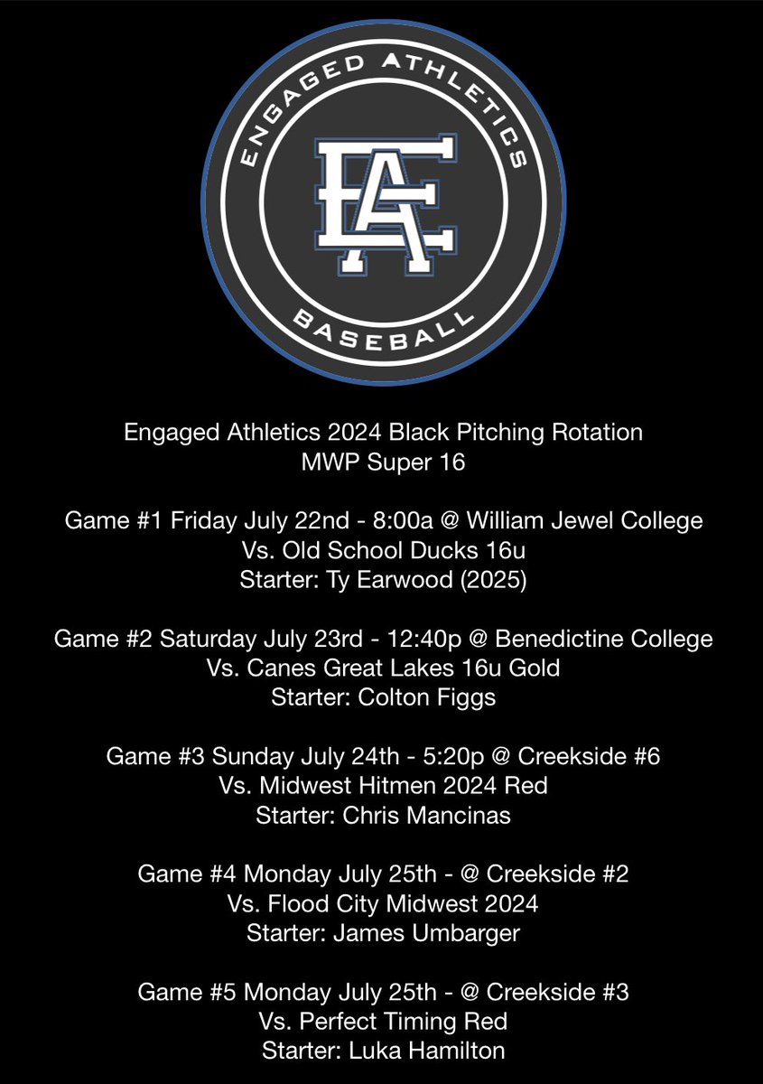 EAPrepBaseball's tweet photo. Midwest Premier Super 16 
2024’s Pitching Rotation

@CreeksideBase https://t.co/E65PQszbJw