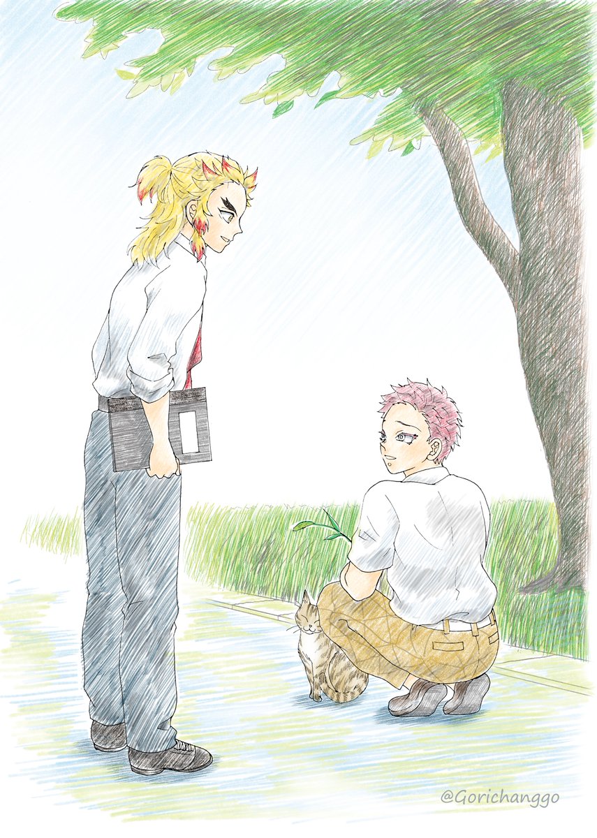 ゴリチャンさんがTwitterに投稿した煉獄杏寿郎(鬼滅の刃)のイラスト。