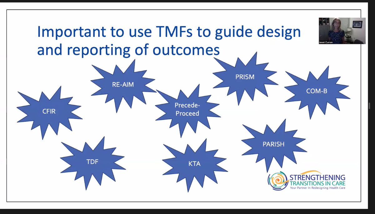 vidhithakkar's tweet image. @KTCanada Janet Curran shares key Theoretical Models and Frameworks in #KTScience and the application of these frameworks to drive implementation research and #programevaluation. #KTSI2022 This provides a clear understanding of the value of embedded research.