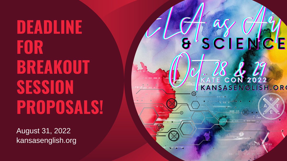 KansasEnglish's tweet photo. We're officially at the t-minus 3 DAYS point for breakout session #proposals for #KATECon 2022! We can't wait for this #conference to lift off! Cheesy jokes aside, don't forget to apply! @ncte @ksdehq #English #ELA #art #science
https://t.co/cdBvNZQYsO https://t.co/TYN4GcwRlq