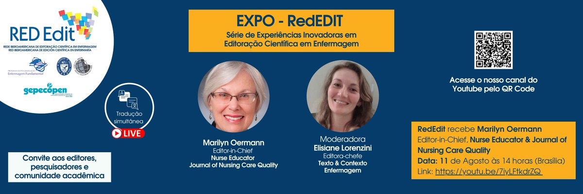 REDEditEnf's tweet photo. EXPO-RED Edit / Series of Innovative Experiences in Scientific Editing in Nursing 
Speaker – Marilyn Oermann (Editor-in-chief: Nurse Educator / Journal of Nursing Care Quality) 
Moderator – Elisiane Lorenzini (Editor-in-chief: Texto &amp; Contexto Enfermagem) https://t.co/2em0InRz9B