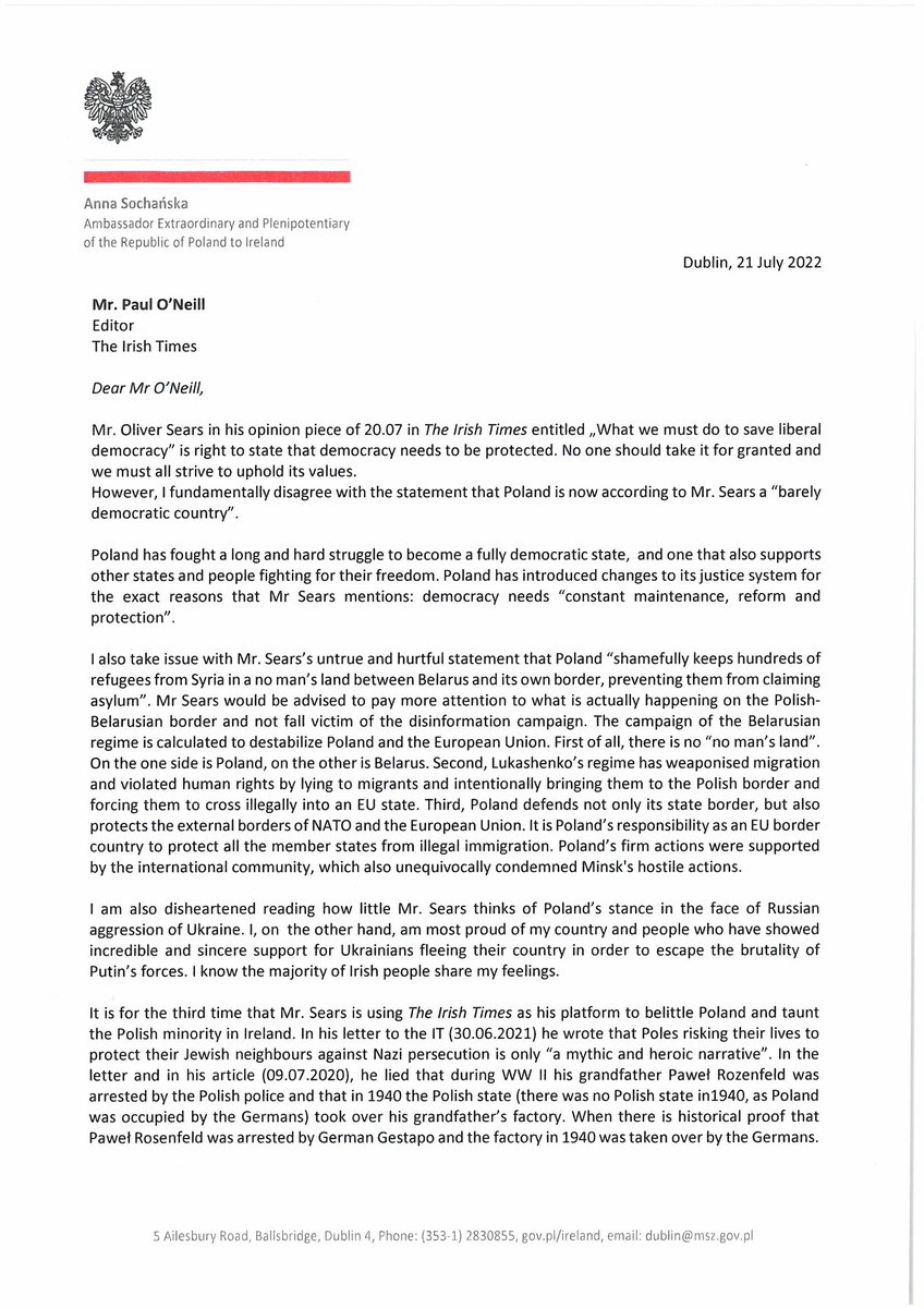 PLinIreland's tweet photo. Polish Ambassador Anna Sochańska reacts to an unjust opinion about democracy in Poland in The Irish Times. 
#PolandFirstToHelp #solidaritywithUkraine https://t.co/tJZtCI4r1y
