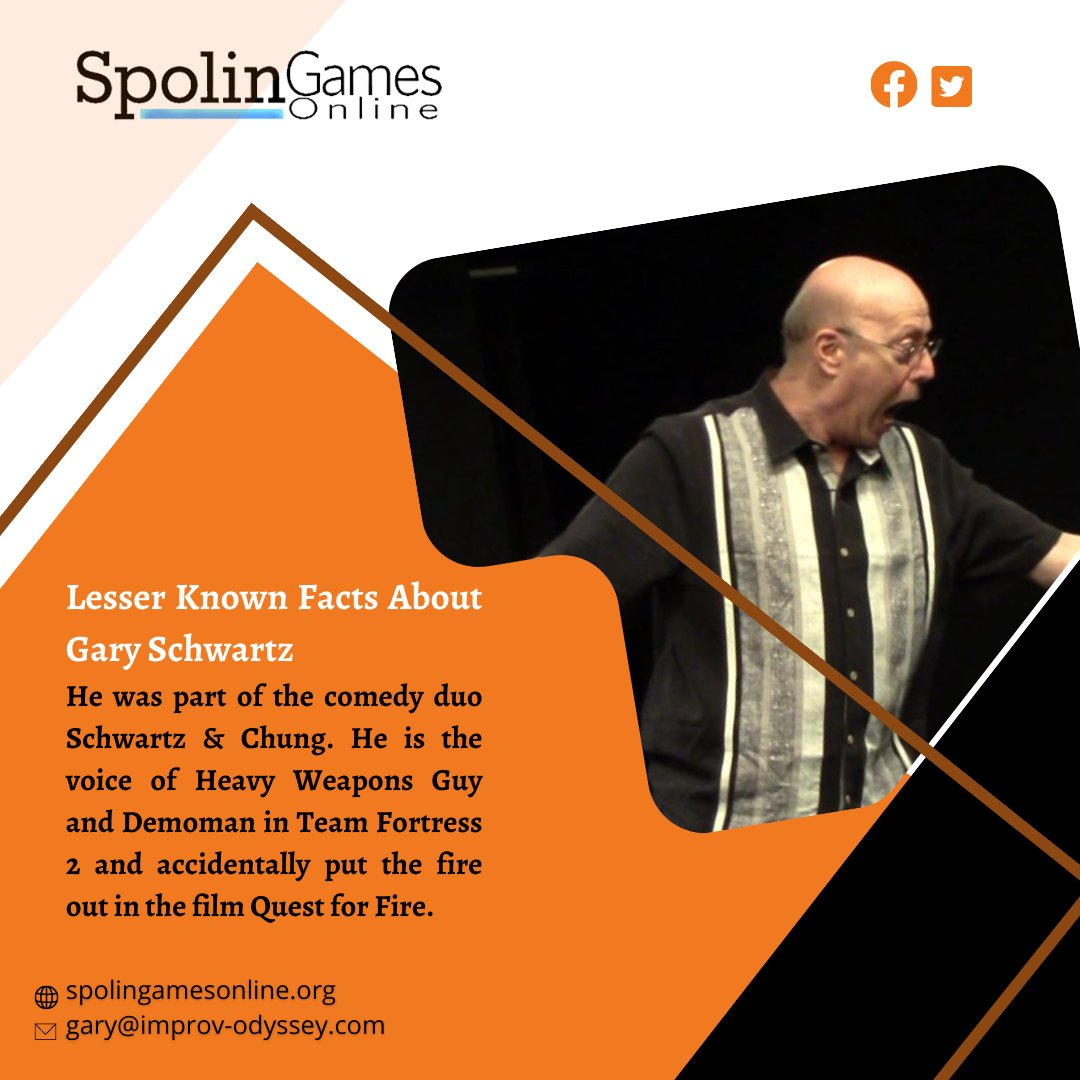 improvmaven's tweet photo. Did You Know?
He was part of the comedy duo Schwartz & Chung. He is the voice of Heavy Weapons Guy and Demoman in Team Fortress 2 and accidentally put the fire out in the film Quest for Fire.
#garyschwartz #violaspolin #lesserknownfact https://t.co/14bh9av8FW