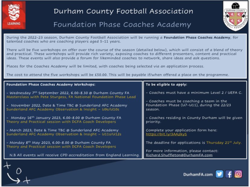 DurhamFA's tweet photo. Durham FA Coaches Academy 

Last chance to apply for both our Foundation Phase and Youth Development Phase Coaches Academy programmes.

Apply here:
Foundation Phase: https://t.co/OSRIDAziXL

Youth Development Phase:
https://t.co/LOO3Evr63U https://t.co/5ZGh070uQ5