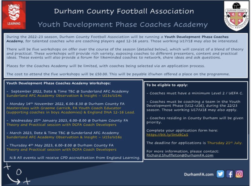 DurhamFA's tweet photo. Durham FA Coaches Academy 

Last chance to apply for both our Foundation Phase and Youth Development Phase Coaches Academy programmes.

Apply here:
Foundation Phase: https://t.co/OSRIDAziXL

Youth Development Phase:
https://t.co/LOO3Evr63U https://t.co/5ZGh070uQ5
