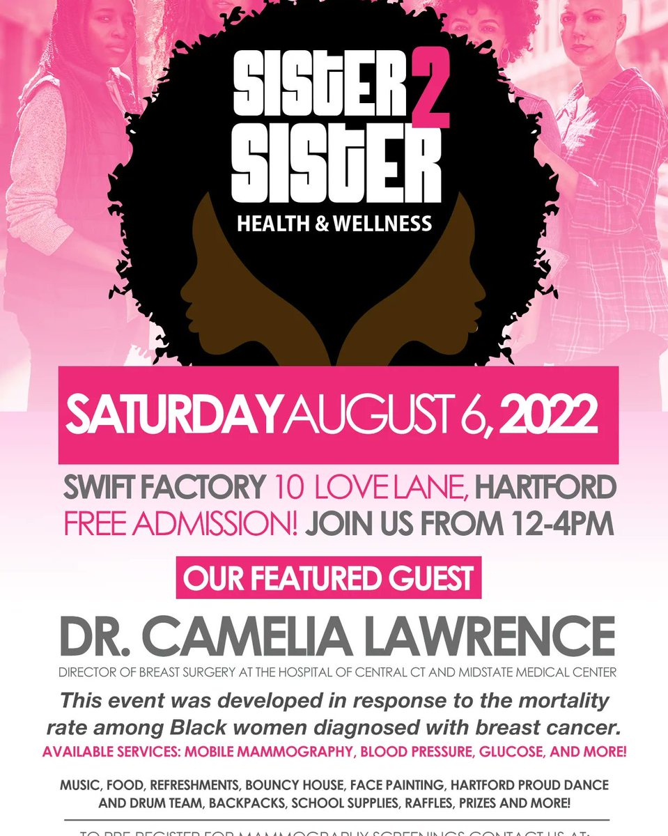 We are just two weeks away and happy to announce Dr Camelia Lawrence will be joining us at this event. Hope to see you there! #breastcancer #blackwomen #access #health #healthequity #hartford #publichealth #ct #blackwomenlead #communityfirst #family #youth #backtoschool #fun